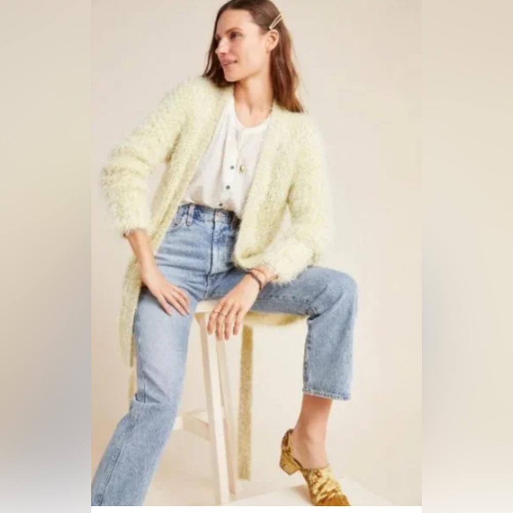 Anthropologie Larkin Shimmer Fuzzy Yellow Cardigan